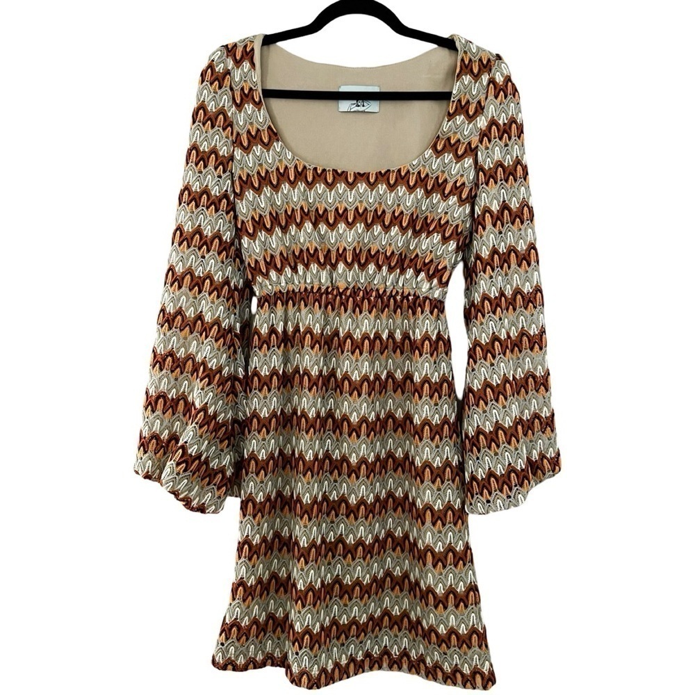 JUDITH MARCH Knit Crochet Brown Neutral Stripe Bubble Sleeve Dress Sz M